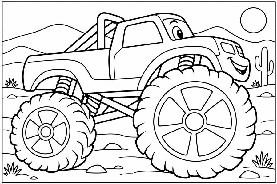 Black-and-white desert monster truck with a large wheel and broad open spoke sections.