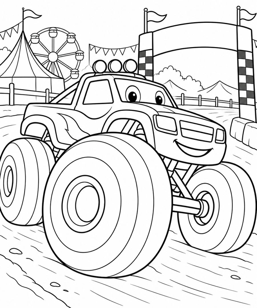 Black-and-white fairground monster truck with a huge blank-ring front wheel and finish arch.