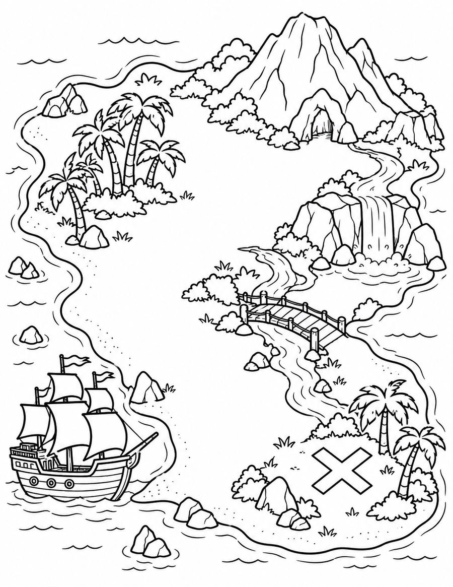 Black-and-white pirate island map with a ship, mountain, bridge, palm grove, and X but no drawn route.