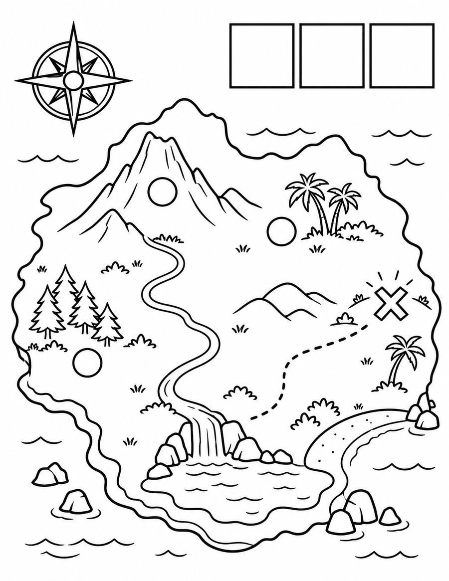 Black-and-white pirate island map with three empty legend boxes and three blank circle markers.