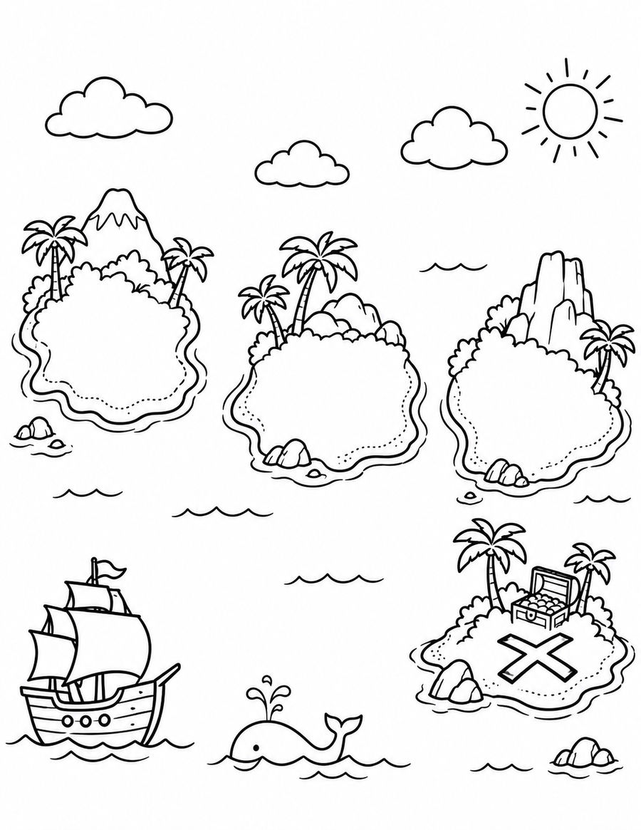 Black-and-white pirate map with three blank islands, a ship, and a separate X-marked destination island.