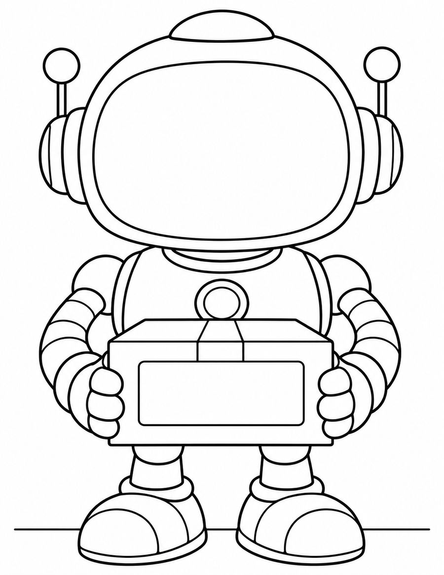 Black-and-white robot with a blank face screen holding a parcel with a blank label.