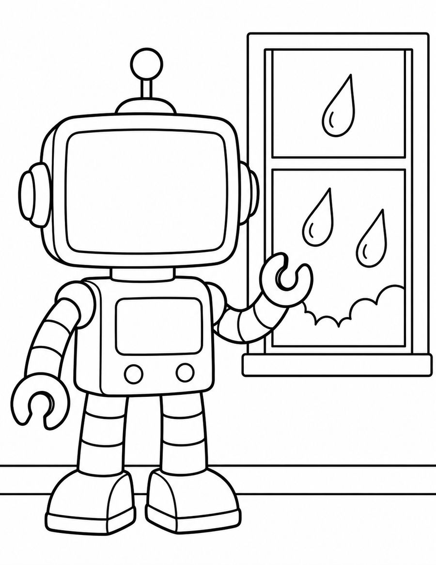 Black-and-white robot with a blank face screen beside a window with three large raindrops.