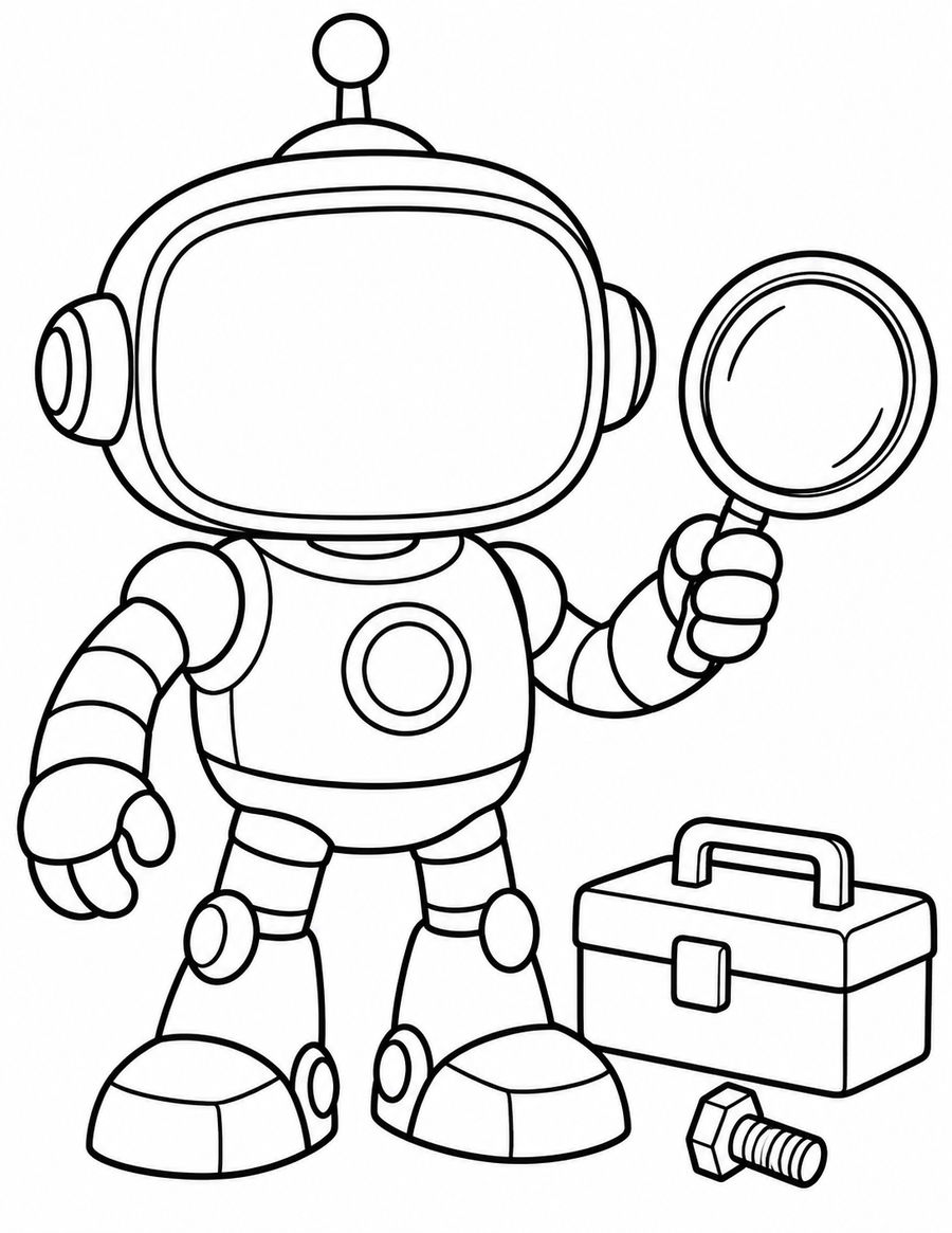 Black-and-white robot detective with a blank face, magnifying glass, toolbox, and one loose bolt.