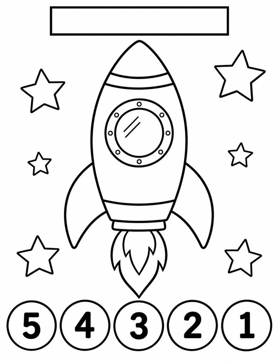 Black-and-white rocket coloring poster with a blank date box and numbered circles 5, 4, 3, 2, and 1.