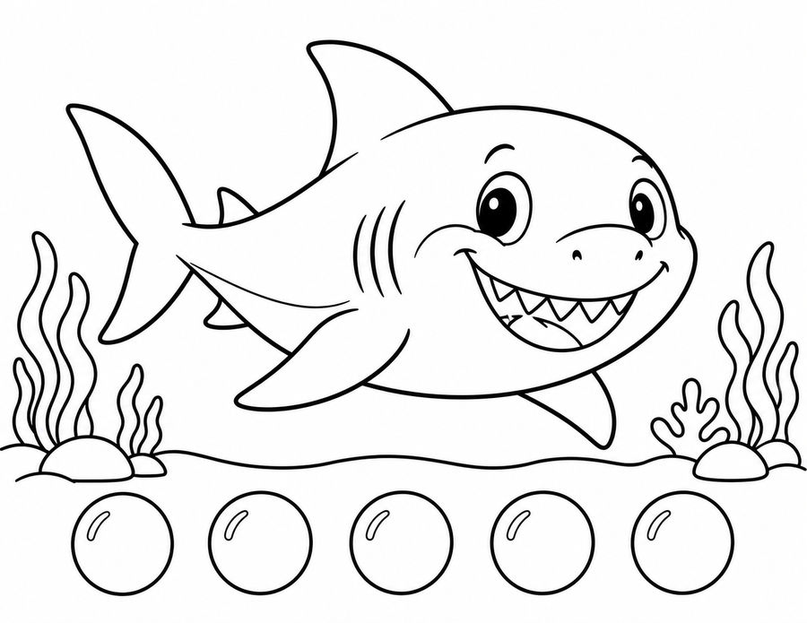 Black-and-white shark birthday coloring placemat with a row of exactly five large bubbles.