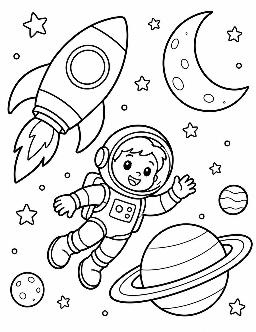 Original black-and-white space coloring game with a large rocket, ringed planet and crescent moon around a child astronaut.