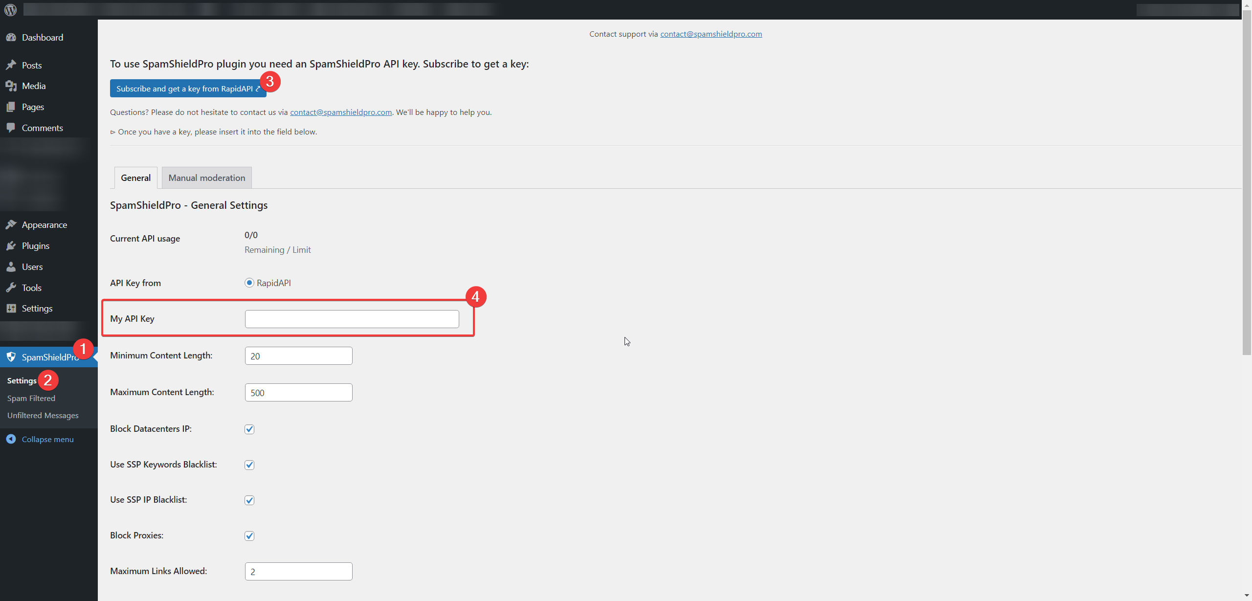 spamshieldpro settings page