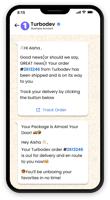 Turbodev WhatsApp automation mobile app preview on iPhone showing lead capture and customer engagement features