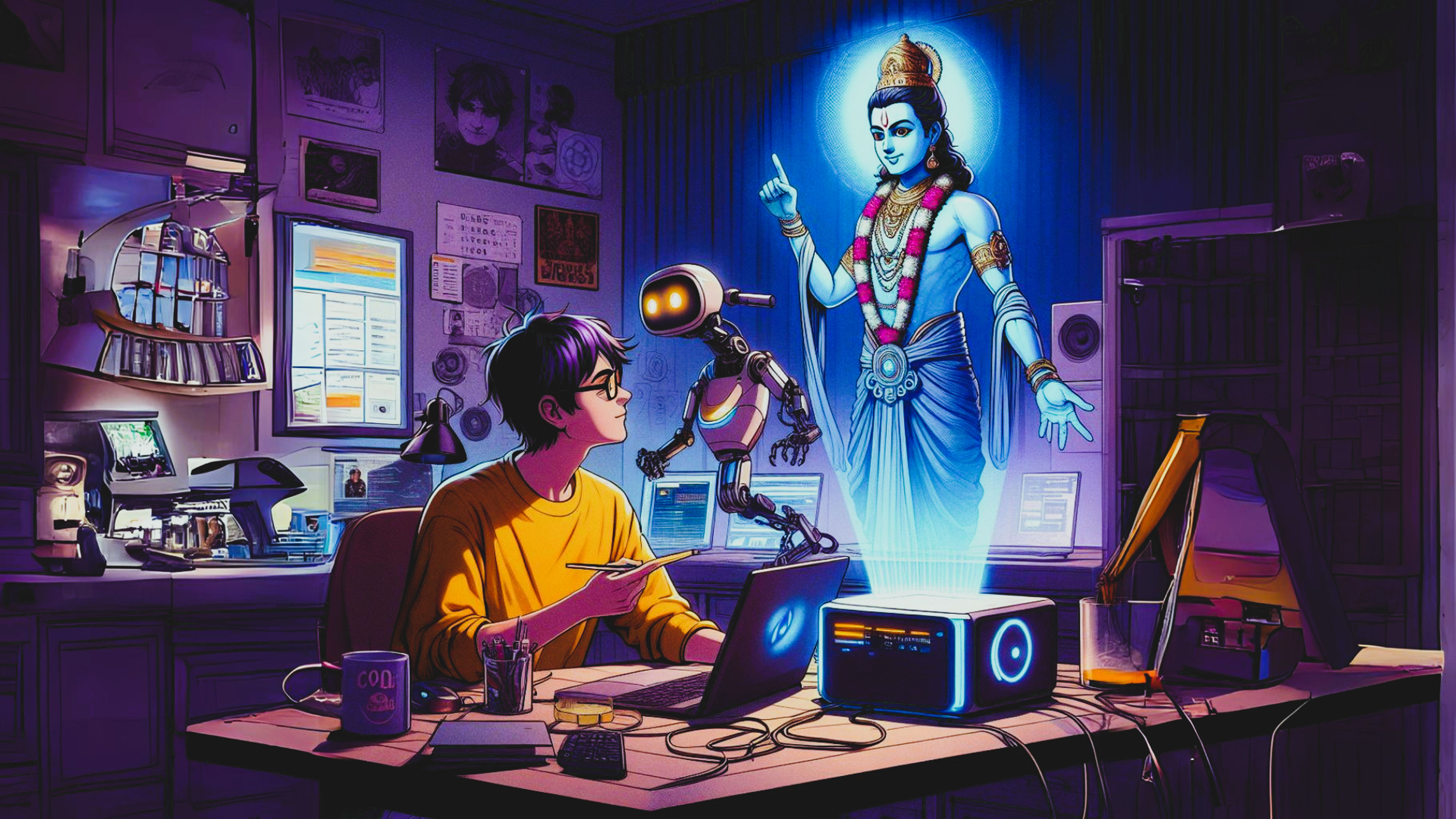 ShreeKrishna Teaching Cyber Art - free art HD wallpaper