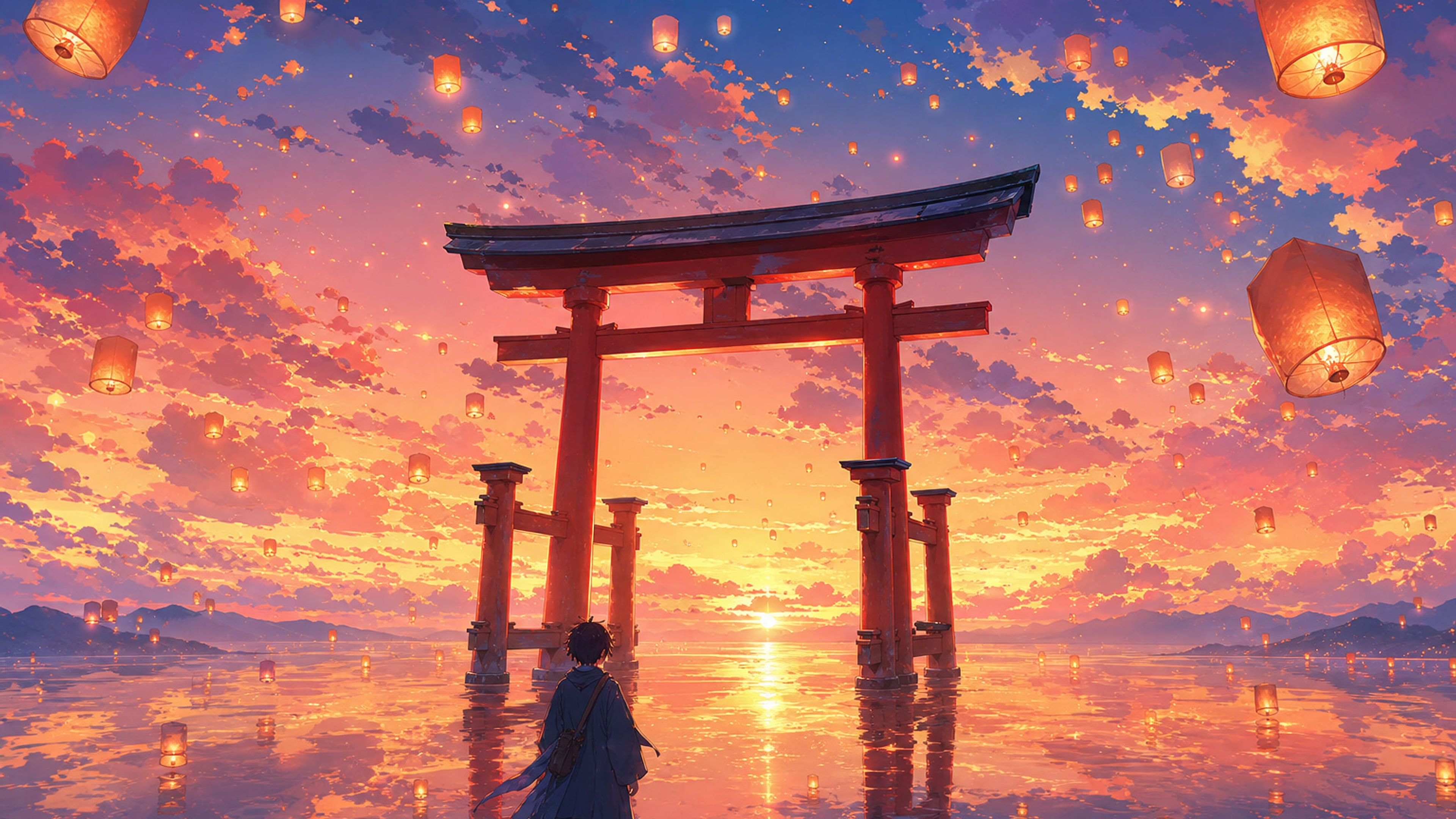 Torii Gate and Sky Lanterns at Sunset - free anime HD wallpaper