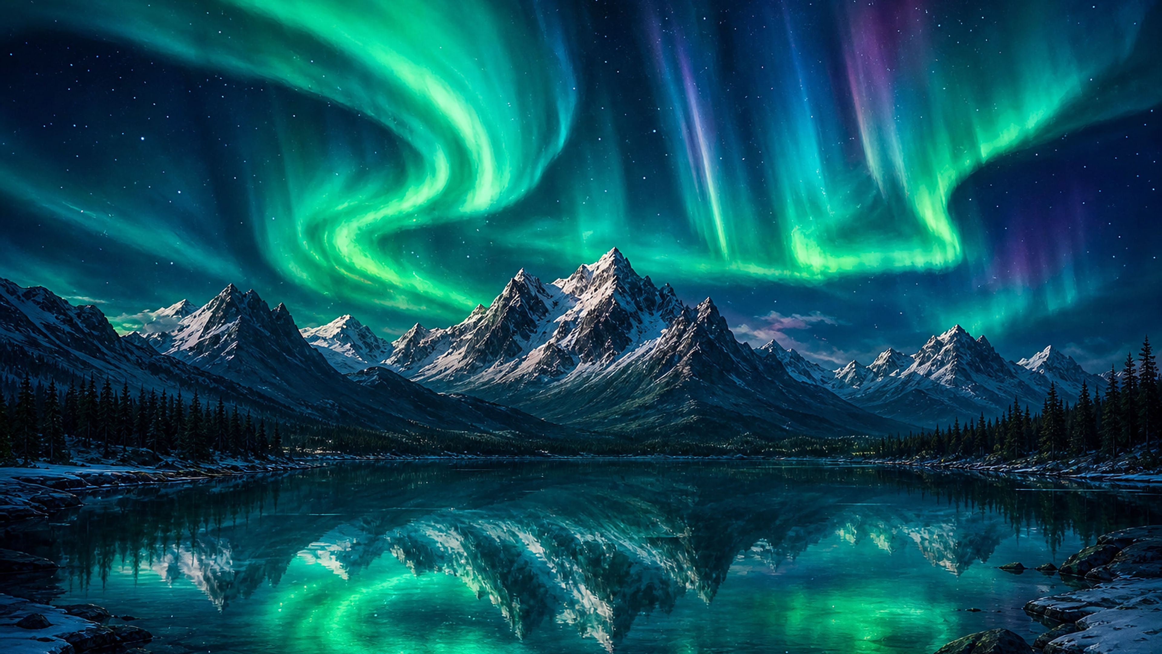 Aurora Borealis Over Mountain Lake - free nature HD wallpaper