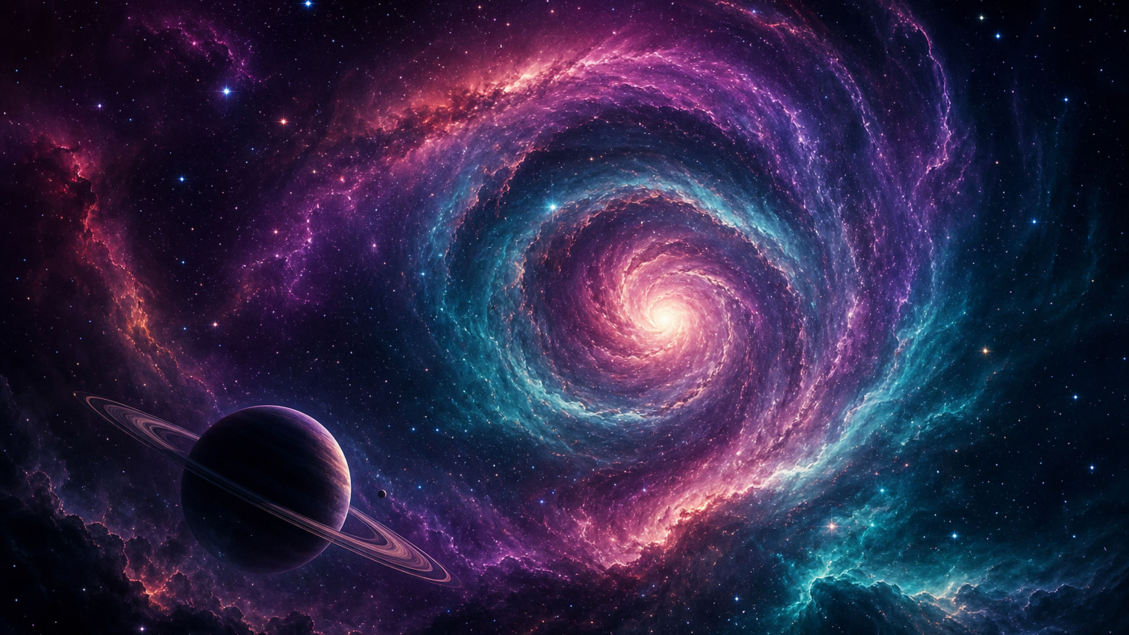 Violet Spiral Nebula and Ringed Planet - free space HD wallpaper