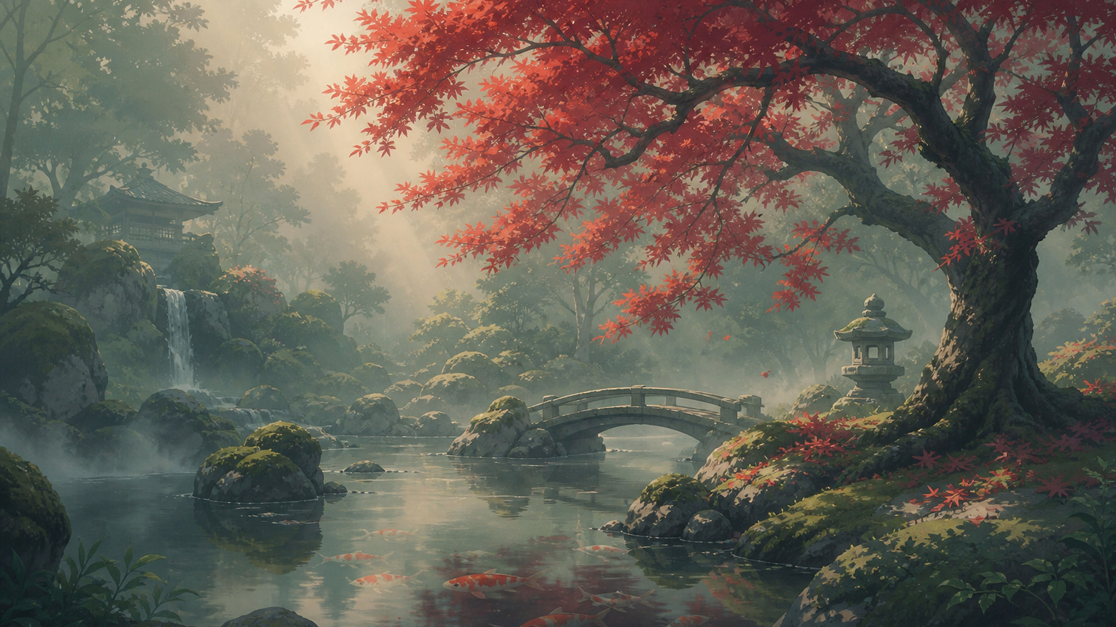 Misty Zen Garden with Crimson Maple - free art HD wallpaper
