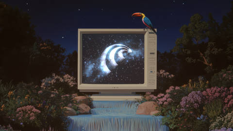 Perplexity Retro Monitor Toucan Garden - Technology wallpaper