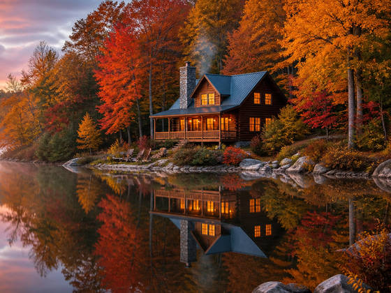Autumn Cabin on the Lake wallpaper for iPad Pro 13-inch (2752x2064)