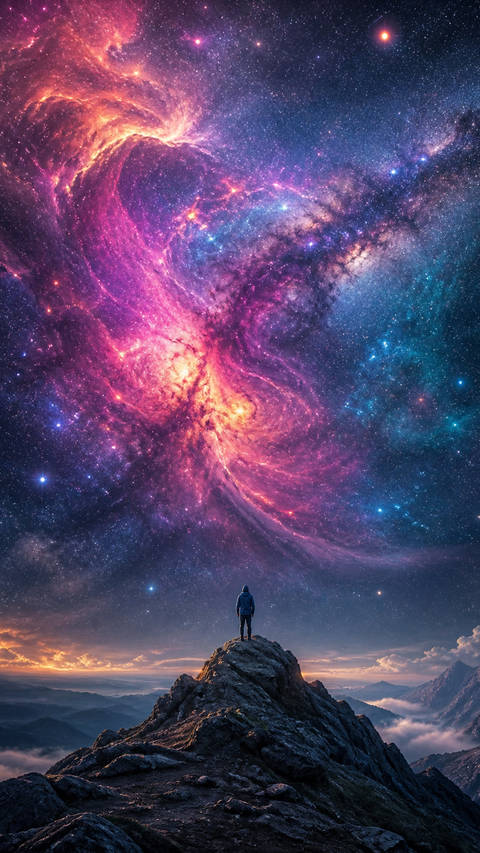 Lone Figure Beneath the Nebula - Space wallpaper