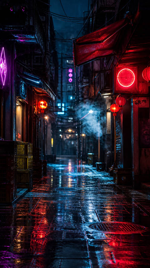 Rainy Neon Alley at Night - City wallpaper