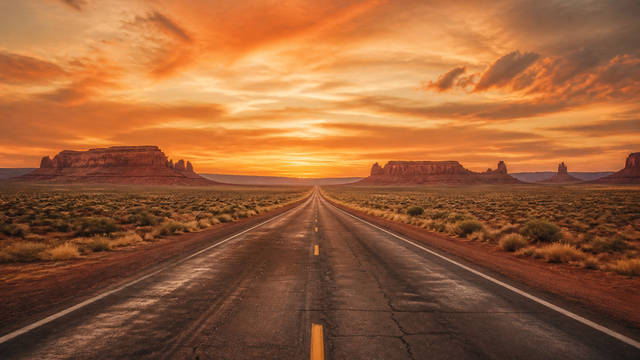 Empty Route 66 desert highway stretching toward a golden sunset