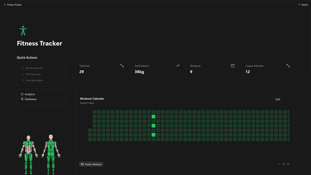 Fitness database connected to NotionStats training volume chart and workout frequency calendar.