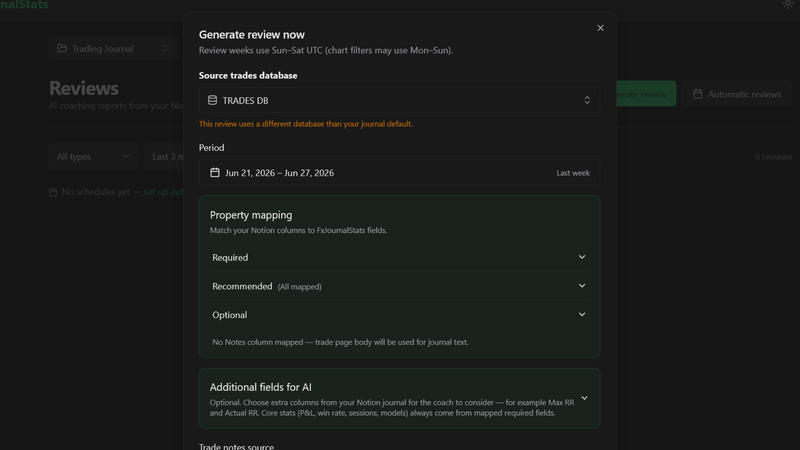Generate review modal with database picker and period presets