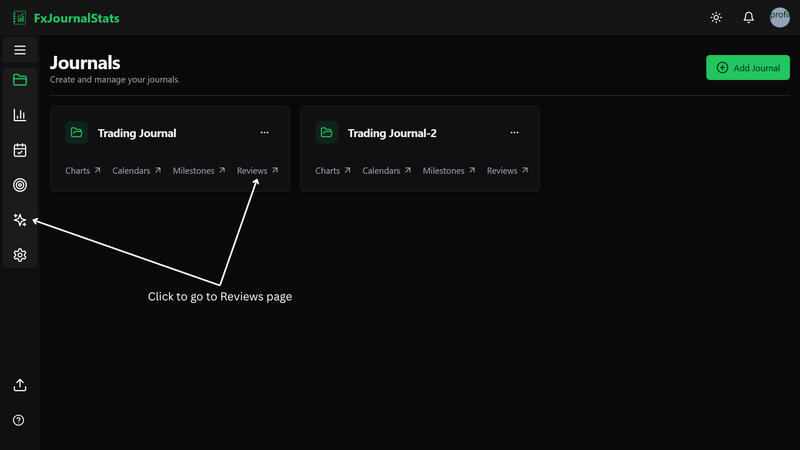 Reviews links on journal card and dashboard navigation