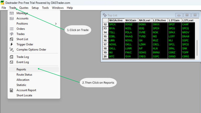 DAS Trade report menu