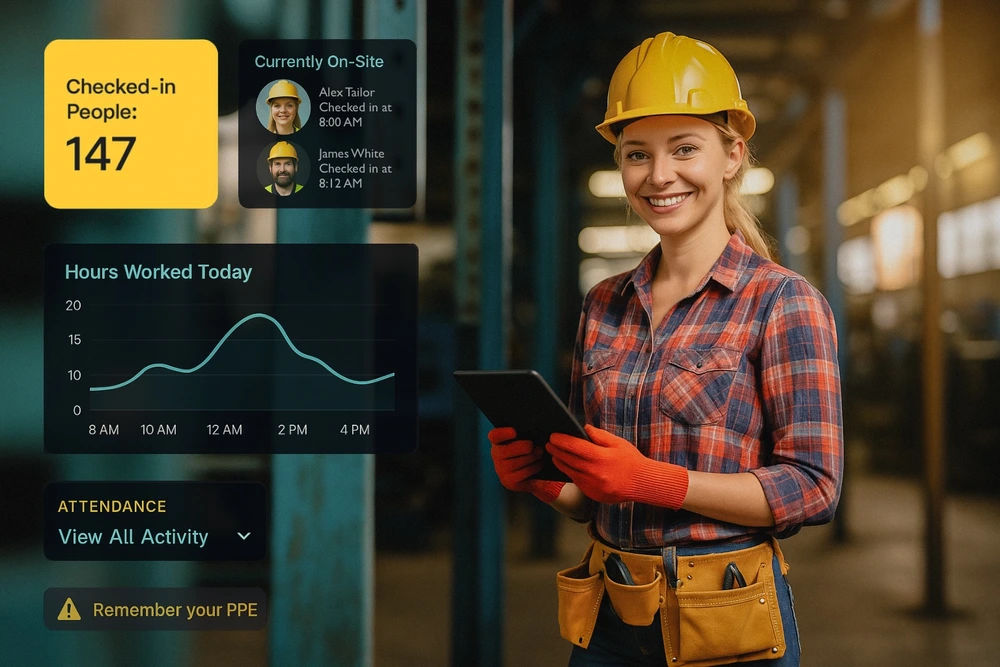 Elements of the hours tracking app with the photo of a woman in a hard hat holding a tablet on a construction site