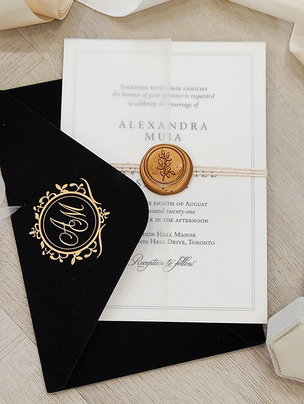 Wedding Invitations with Black Velvet Envelope and Gold Wax Seal