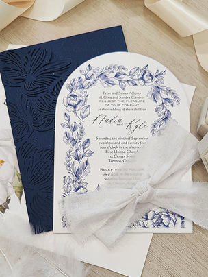 Wedding Invitations with Arch Cut Shape, Navy Florals, and Navy Laser Cut