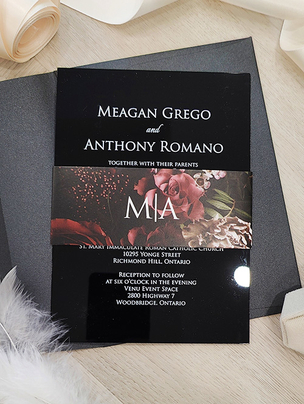 Wedding Invitations with Black Acrylic, Floral Belly Band and Black Envelope