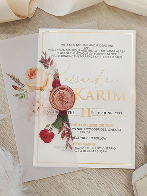 Wedding Invitations with Printed Floral Vellum Wrap, Gold Foil Stamped Invite and Blush Wax Seal