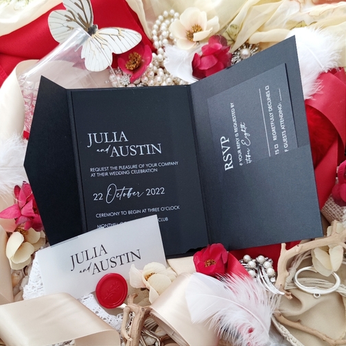 Julia & Austin created an all black pocketfold invitation.  The main layout is a black acrylic. Julia & Austin created an all black pocketfold invitation.  The main layout is a black acrylic.