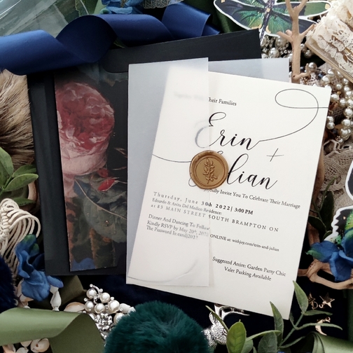 Navy Blue Velvet Invitation Folder With Golden Acrylic Monogram