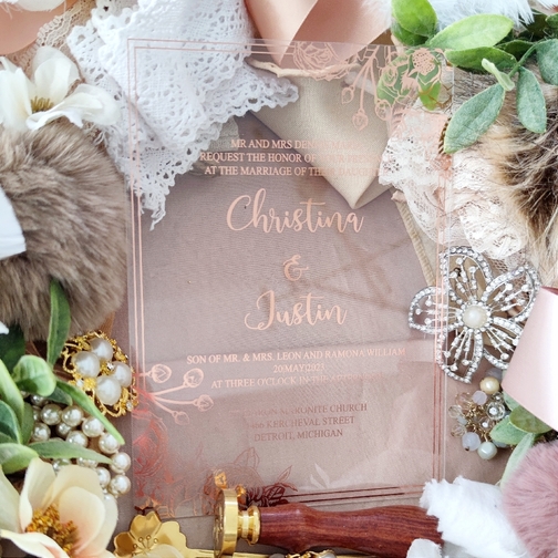 Christina & Justin opted for the wow factor for their wedding cards.  They went with a clear 2 mm acrylic wedding invite.  They had a modern layout design printed with a rose gold screen print. Christina & Justin opted for the wow factor for their wedding cards.  They went with a clear 2 mm acrylic wedding invite.  They had a modern layout design printed with a rose gold screen print.