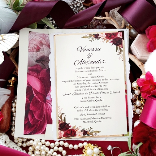 Vanessa & Alexander went with a modern layered invitation with a gold mirror backing.  They adorned the invite with red floral graphics with a matching floral pattern envelope liner.