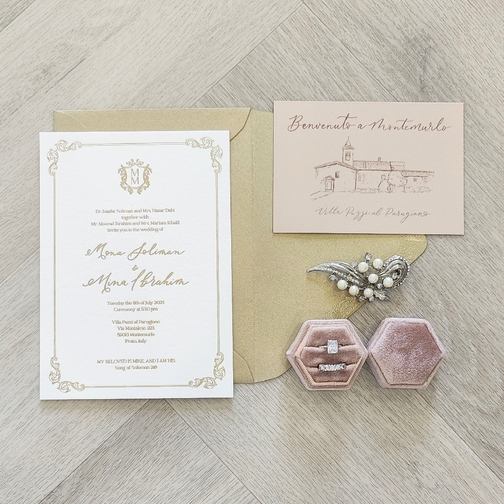 Gold Foil Stamp Pressed Invitation on White Cotton Paper