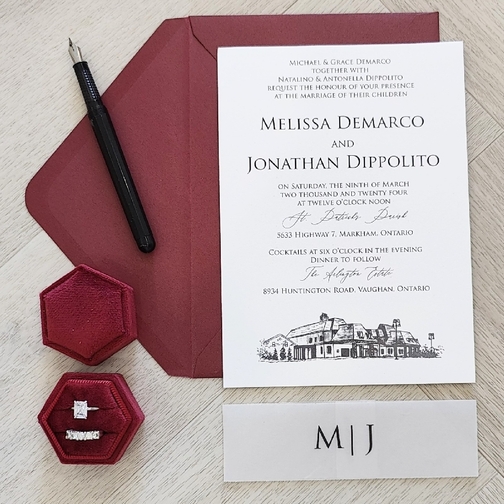 Single card wedding invite on a matte white paper with a vellum belly band.