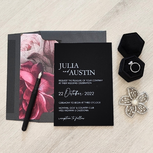 Black Acrylic wedding invite with a black envelope and floral printed envelope liner