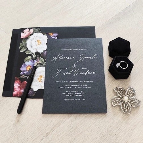 Black Wedding Invitation card with White Ink Printing.  Black envelope with floral envelope liner.