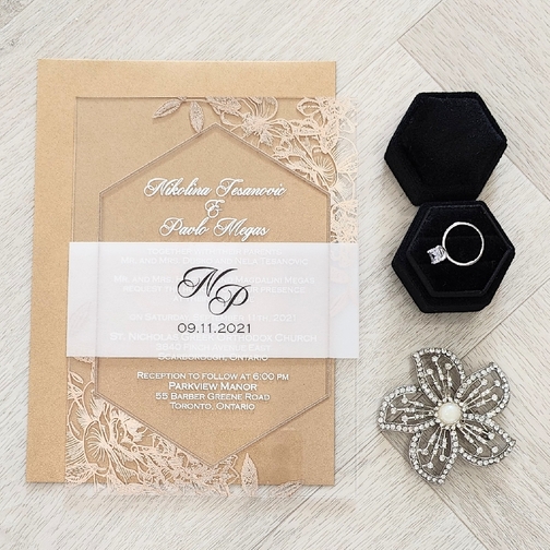 This is an acrylic invite with a vellum belly band.  It is paired with a gold envelope.