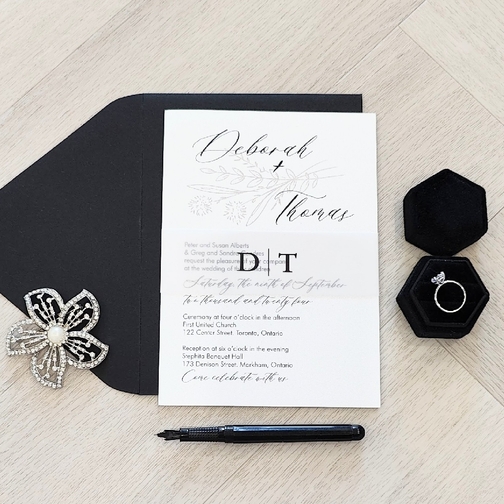 Single card wedding invite with a vellum belly band and black envelope.