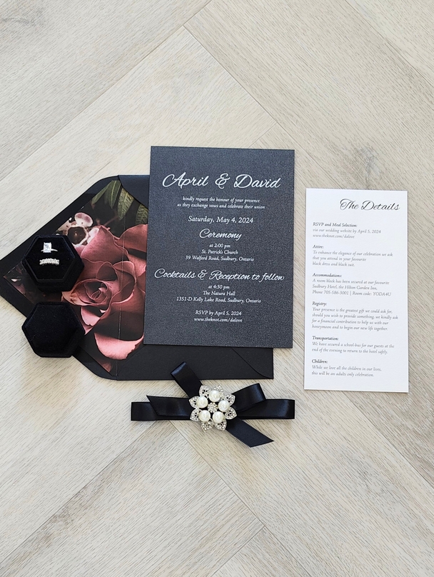 Black Invite with White Ink & Black Envelope with Floral Pattern Liner