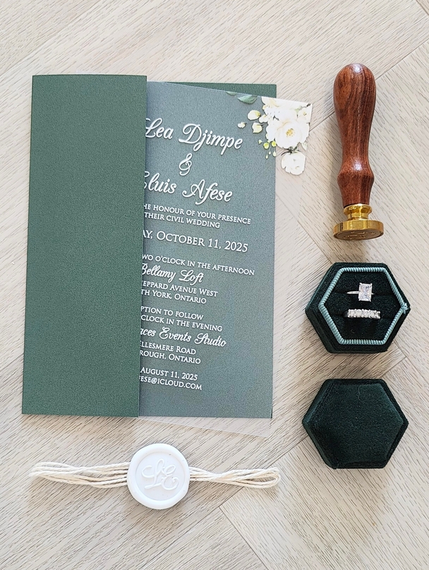 Clear Acrylic Wedding Card with Emerald Green Gatefold and String Wax Seal Combo