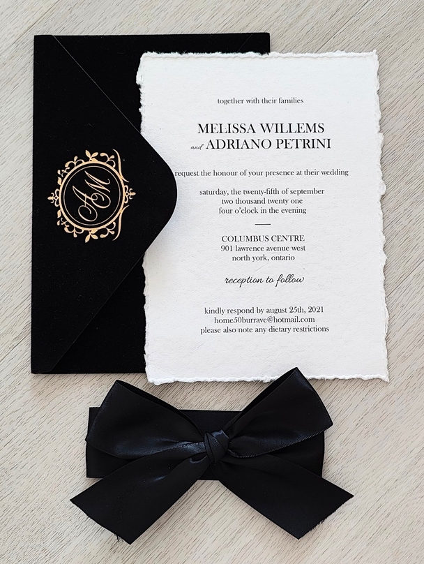 Deckle Edge Wedding Card with Black Bow and Black Velvet Envelope