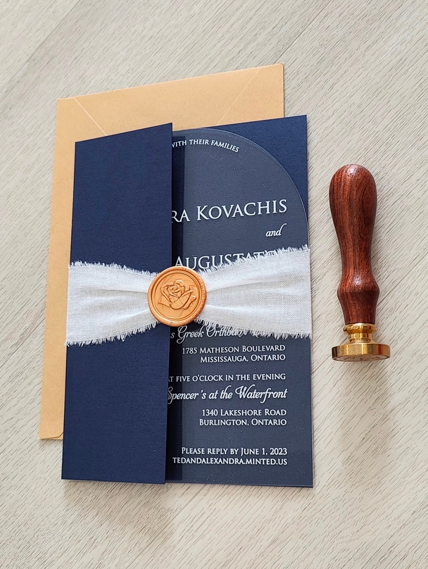 Half Gate Fold Wedding Invite with Acrylic Arch Insert, Ribbon & Wax Seal