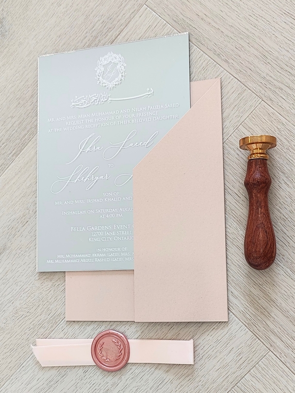 Silver Mirror Acrylic invite with a blush pearl gate fold
