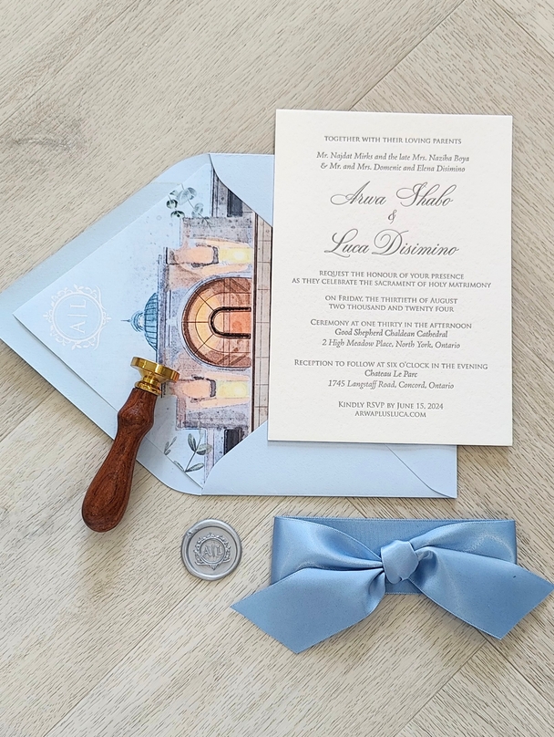 Single Card Wedding Invite with a blue envelope and envelope liner