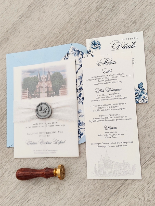 Single Card Wedding Invite with Vellum Wrap, Ribbon and Wax Seal