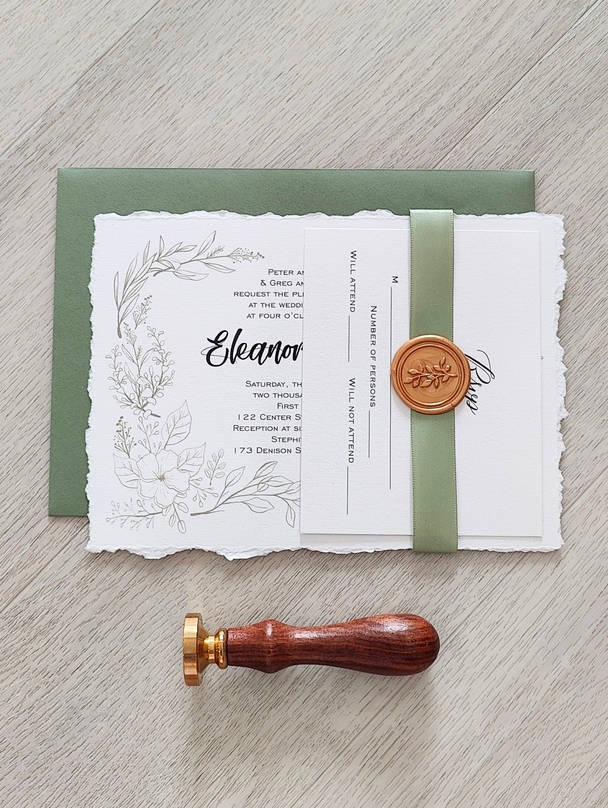 Torn Deckle Edge Wedding Invitation with Ribbon and Wax Seal